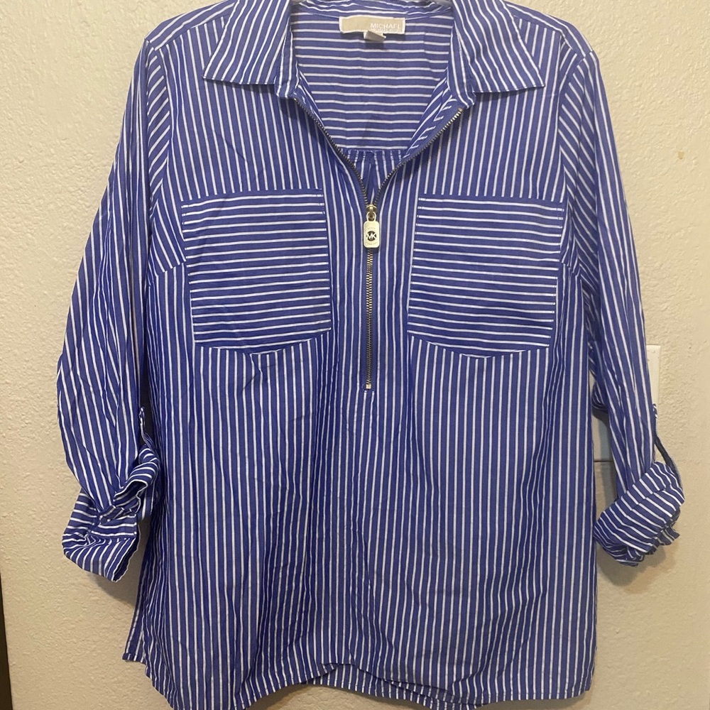 Michael Kors Blue and White Striped Button Down Shirt